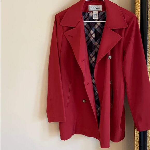LL Bean red trench coat  jacket with plaid lining - Picture 13 of 14